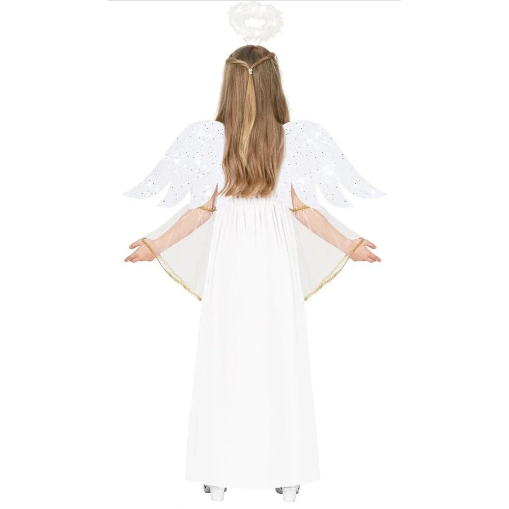 Morph Kids Angel Costume Girls XL 12-14 White Dress Wings Halo Halloween Outfit